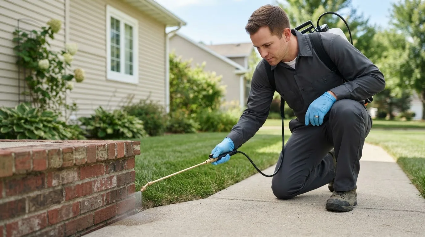Pest control technician treating a home near Plainfield, WI