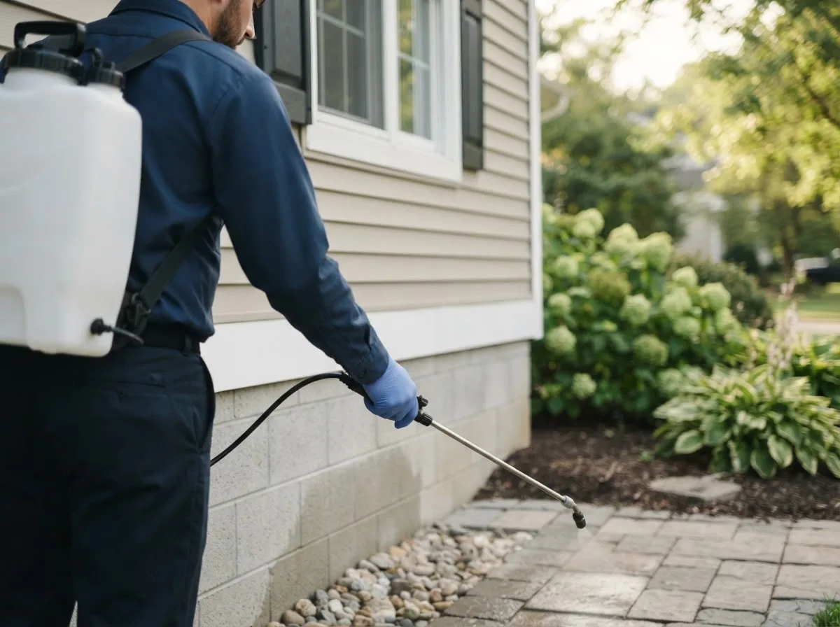 Pest control technician inspecting a home in Plainfield, WI
